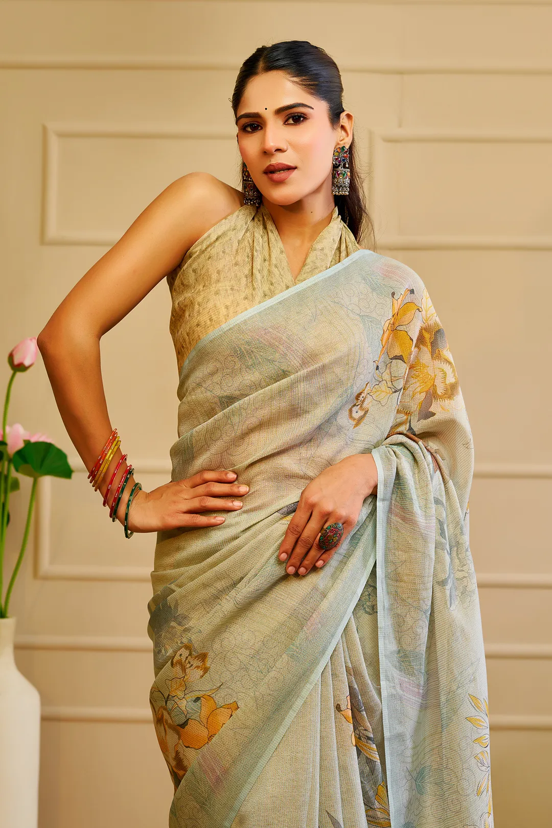 Sky Blue Tissue Cotton Saree with Floral Print & Zari Weave