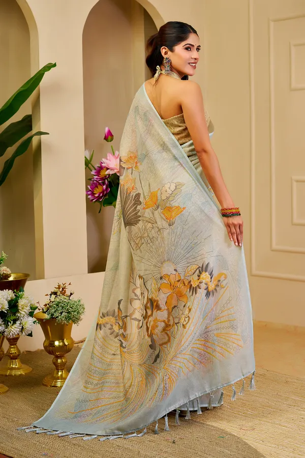Sky Blue Tissue Cotton Saree with Floral Print & Zari Weave