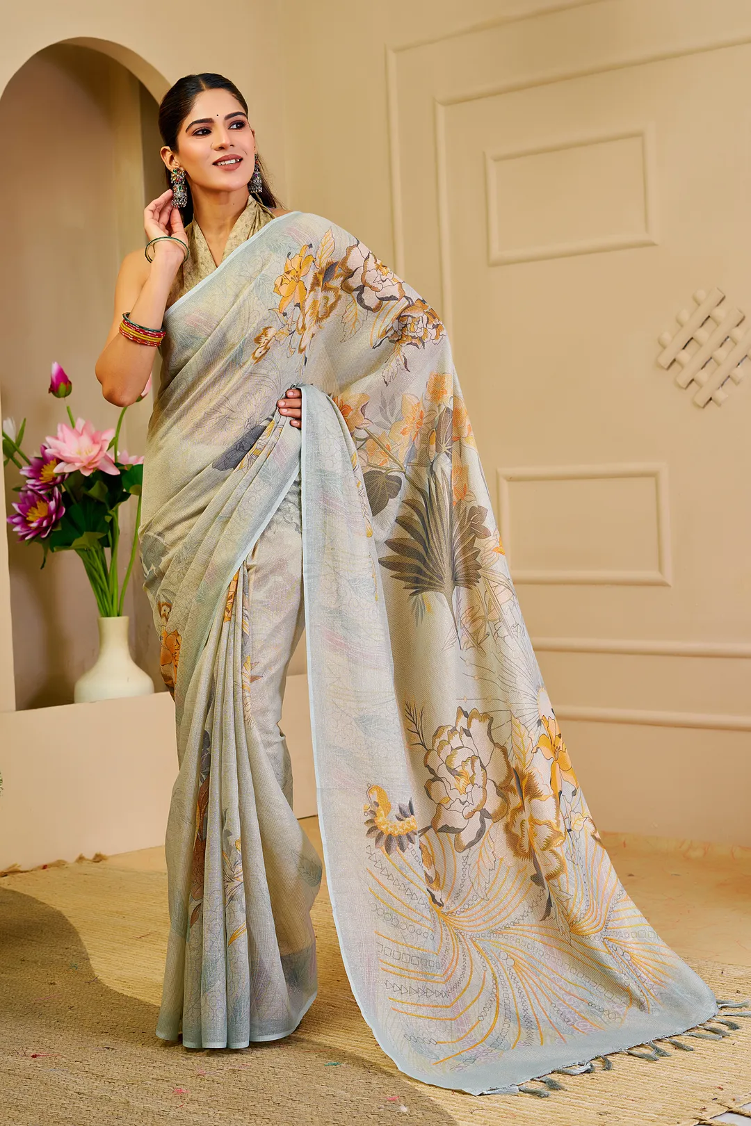 Sky Blue Tissue Cotton Saree with Floral Print & Zari Weave