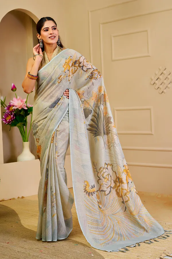Sky Blue Tissue Cotton Saree with Floral Print & Zari Weave