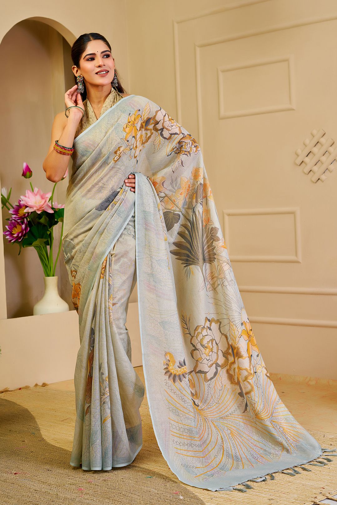 Sky Blue Tissue Cotton Saree with Floral Print & Zari Weave
