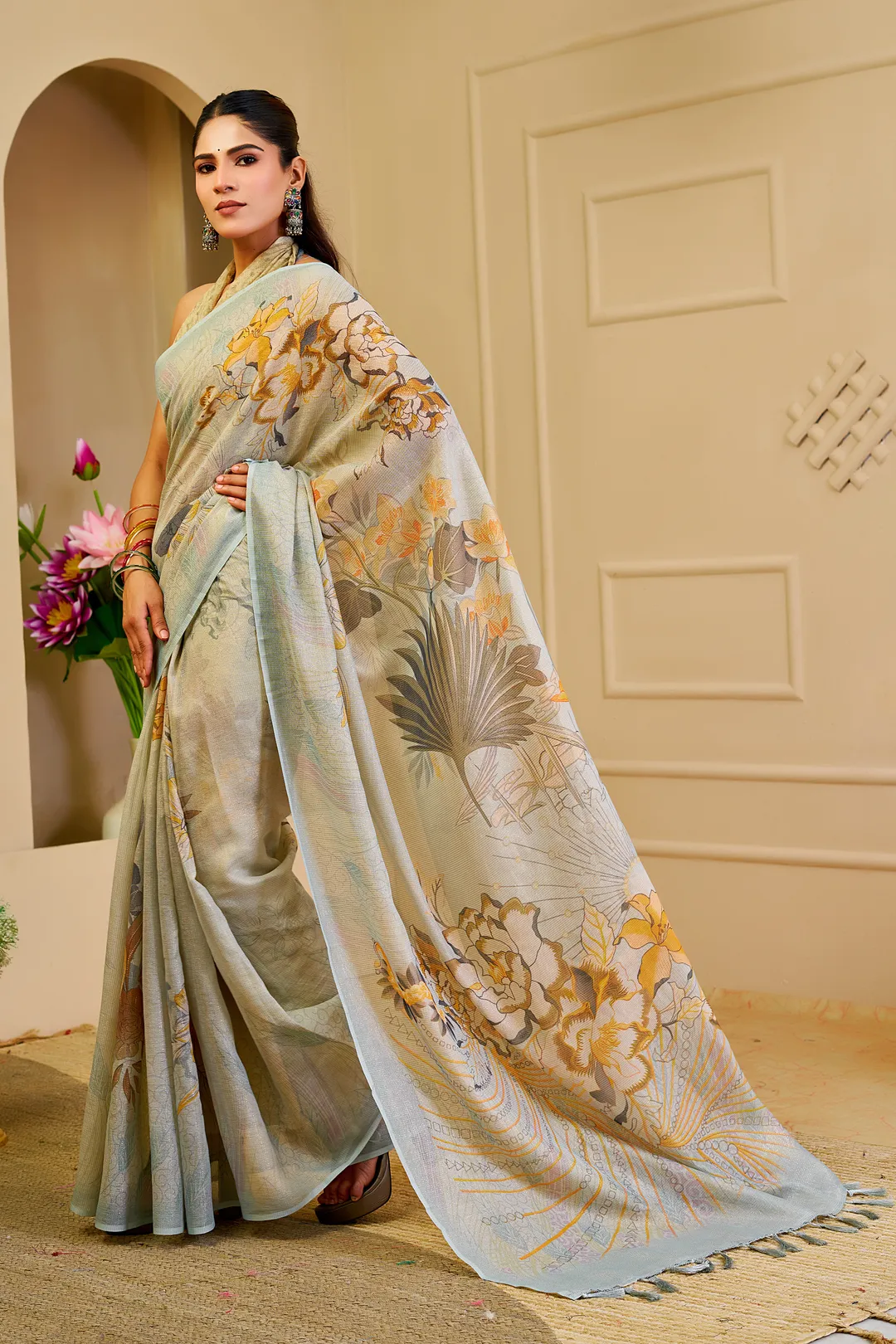 Sky Blue Tissue Cotton Saree with Floral Print & Zari Weave