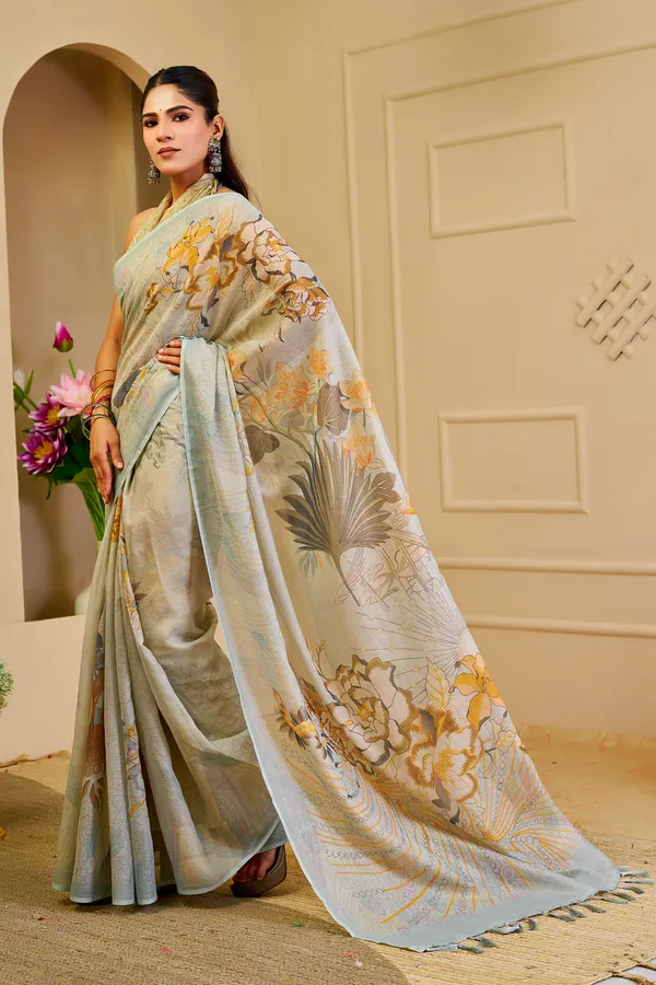 Sky Blue Tissue Cotton Saree with Floral Print & Zari Weave