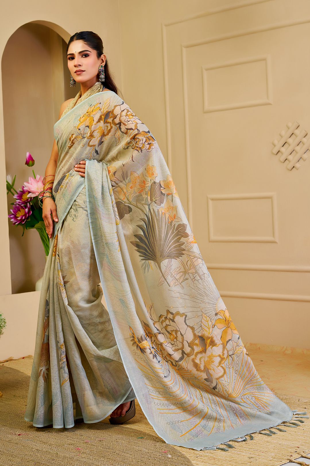 Sky Blue Tissue Cotton Saree with Floral Print & Zari Weave