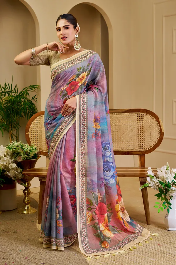 Lavender Tissue Handloom Cotton Saree with Floral Zari Work