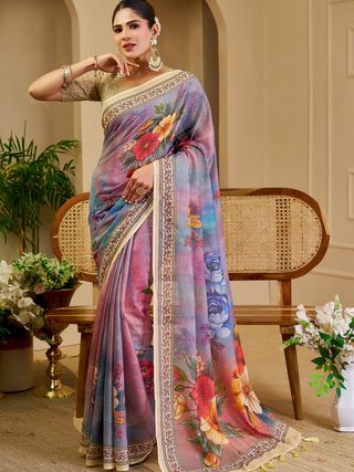 Lavender Tissue Handloom Cotton Saree with Floral Zari Work