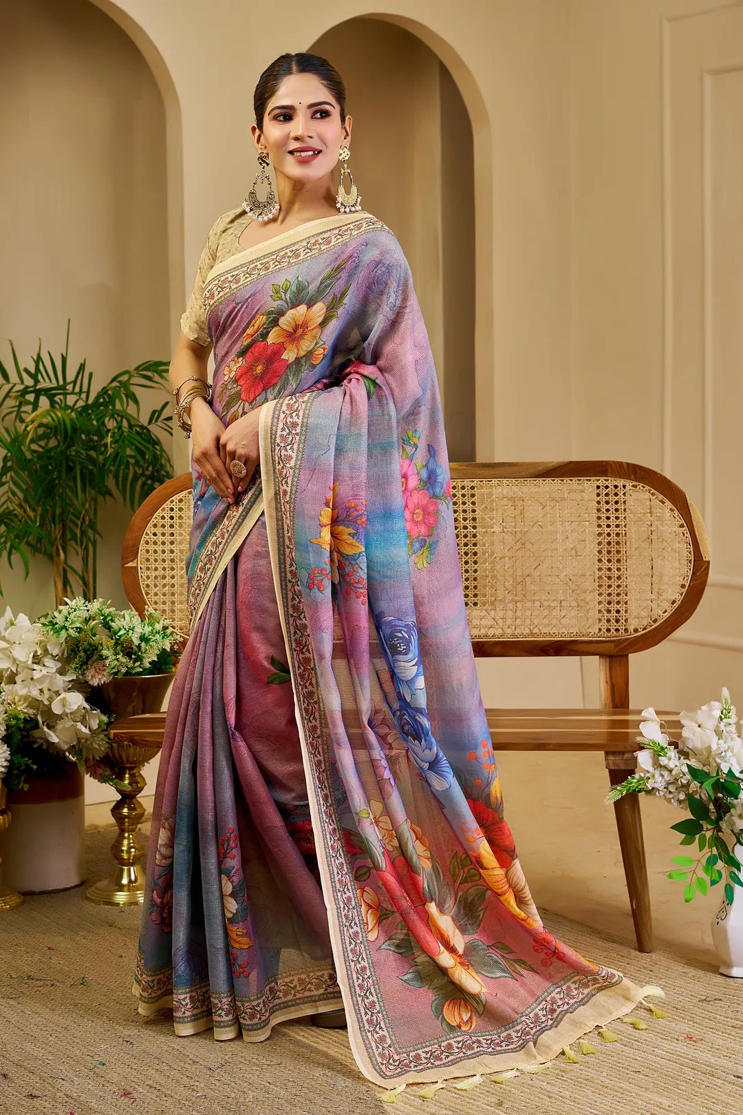 Lavender Tissue Handloom Cotton Saree with Floral Zari Work