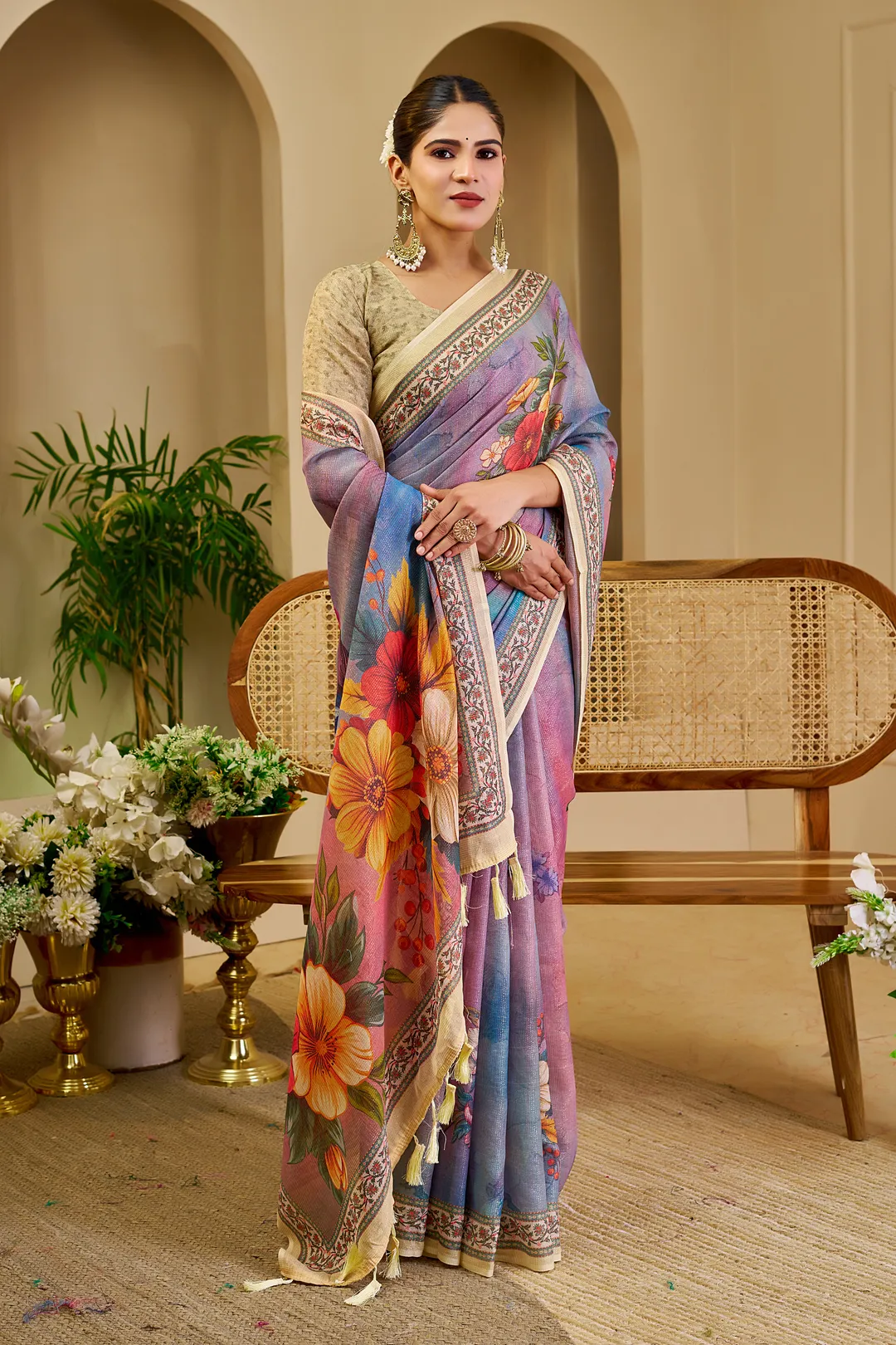 Lavender Tissue Handloom Cotton Saree with Floral Zari Work