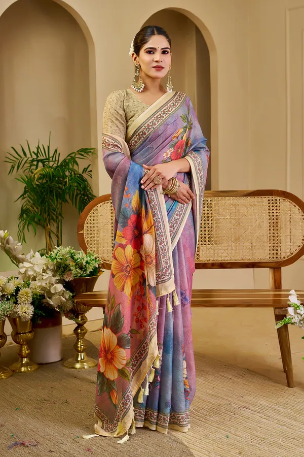 Lavender Tissue Handloom Cotton Saree with Floral Zari Work