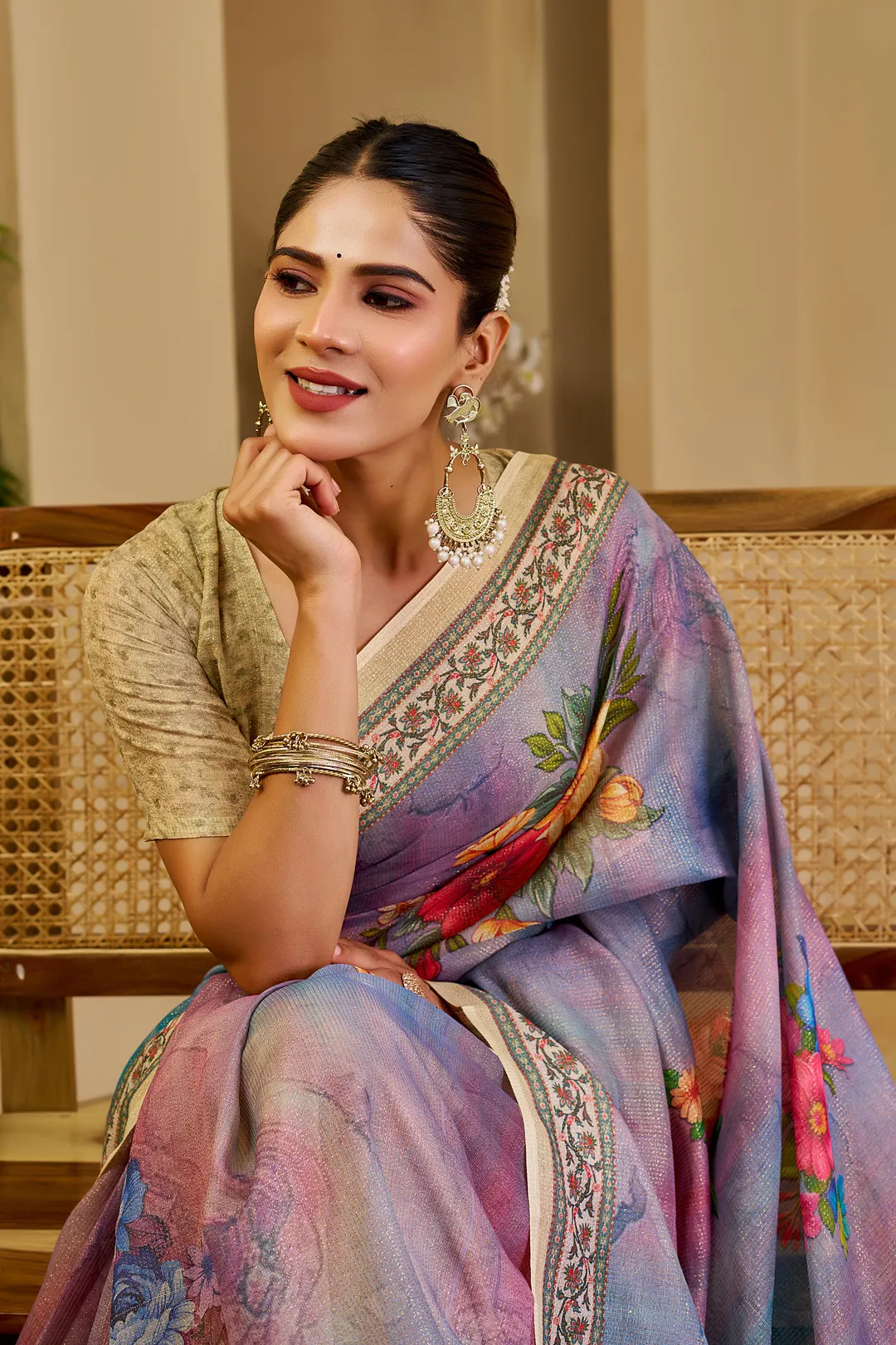 Lavender Tissue Handloom Cotton Saree with Floral Zari Work