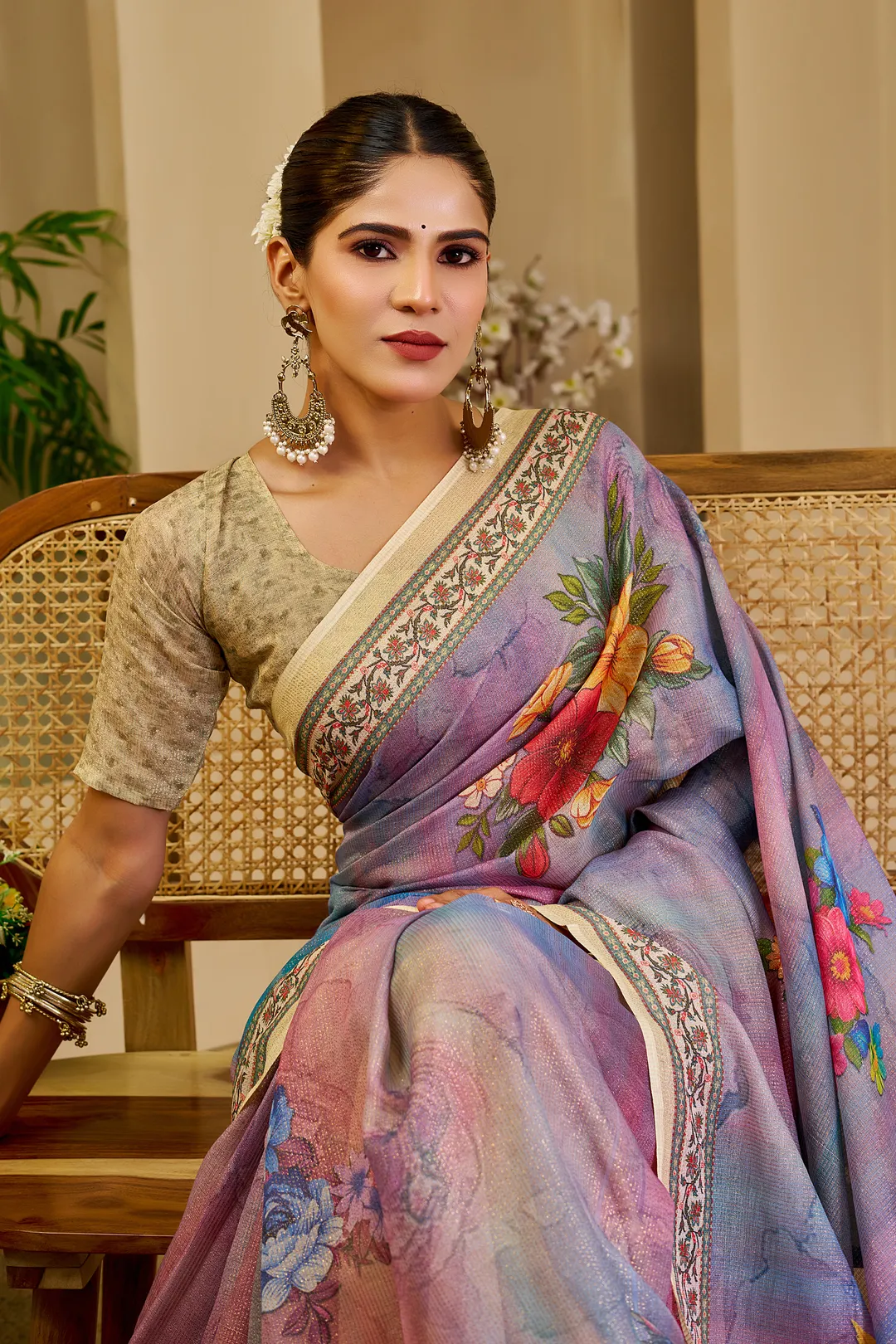 Lavender Tissue Handloom Cotton Saree with Floral Zari Work