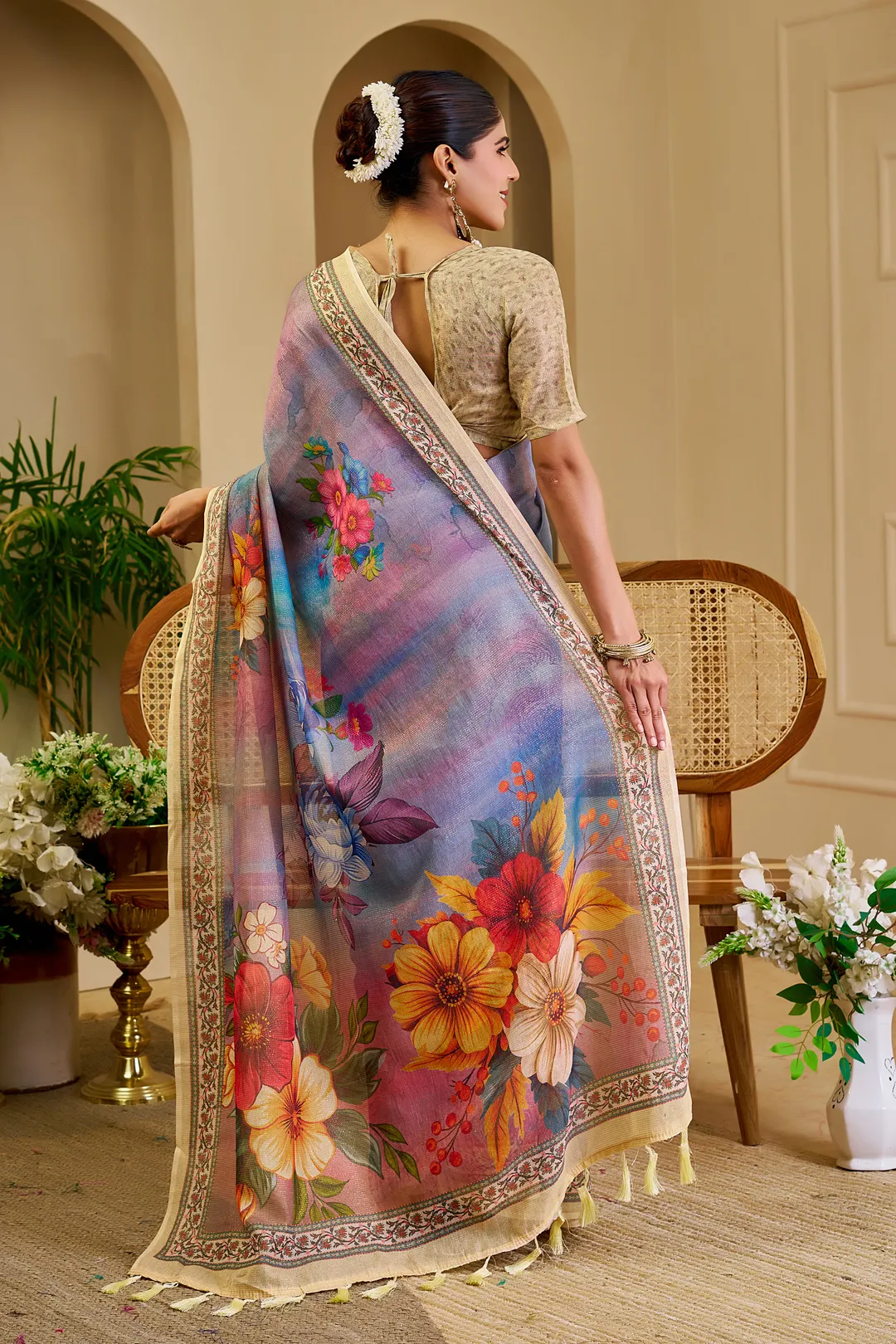 Lavender Tissue Handloom Cotton Saree with Floral Zari Work