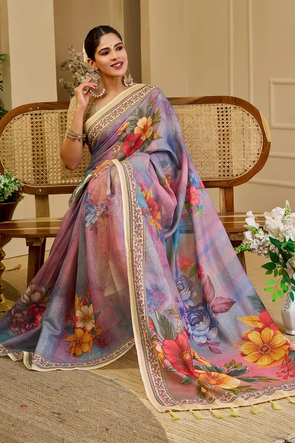 Lavender Tissue Handloom Cotton Saree with Floral Zari Work