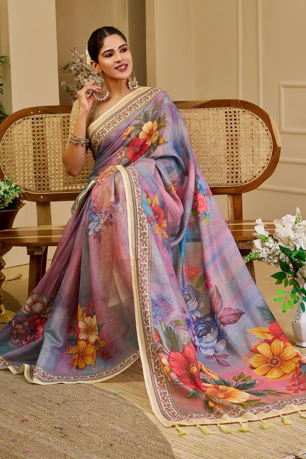 Lavender Tissue Handloom Cotton Saree with Floral Zari Work