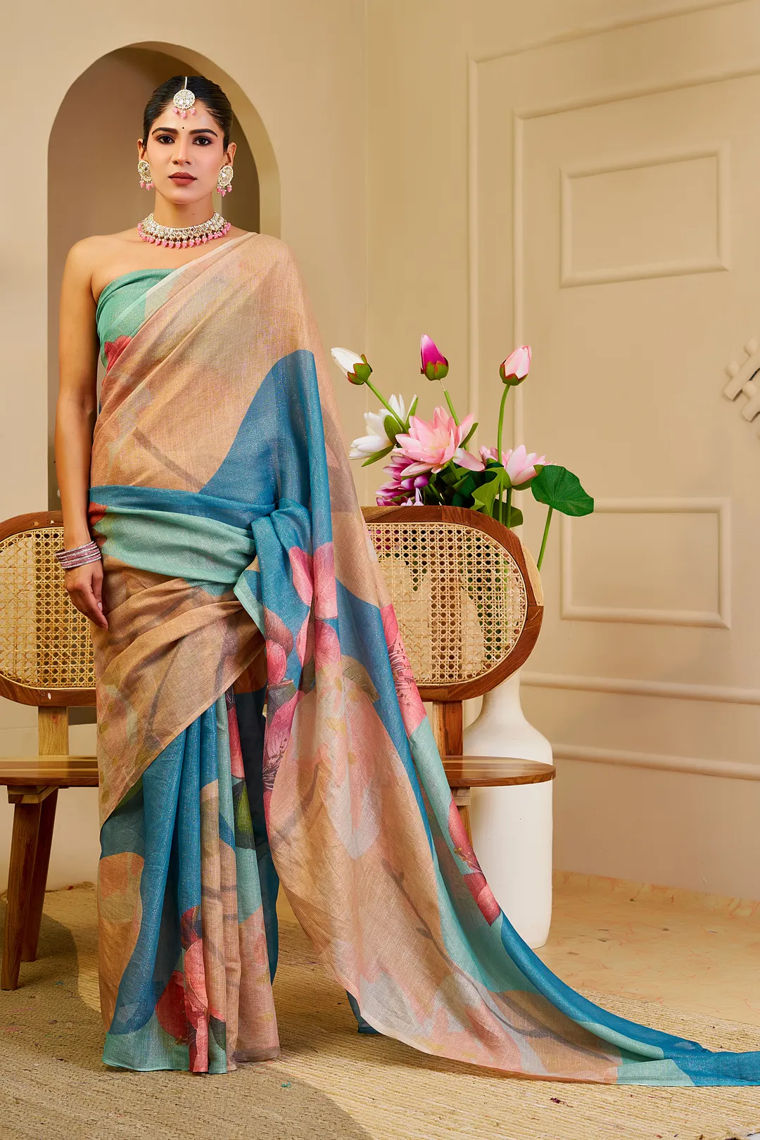Cream Tissue Cotton Saree with Blue Floral Digital Print