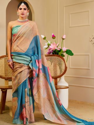 Cream Tissue Cotton Saree with Blue Floral Digital Print