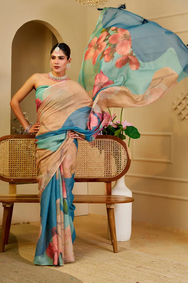 Cream Tissue Cotton Saree with Blue Floral Digital Print
