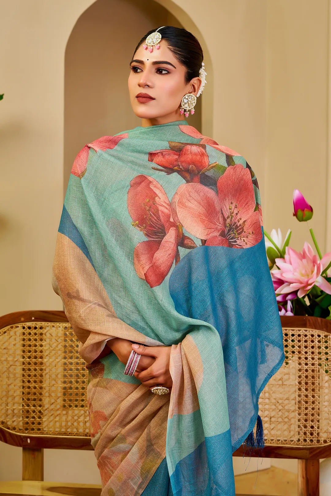 Cream Tissue Cotton Saree with Blue Floral Digital Print