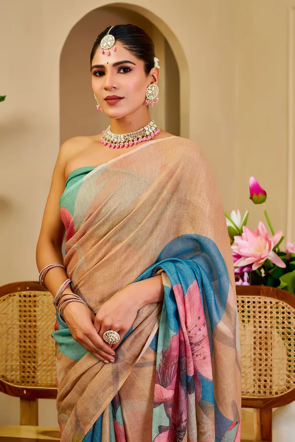 Cream Tissue Cotton Saree with Blue Floral Digital Print