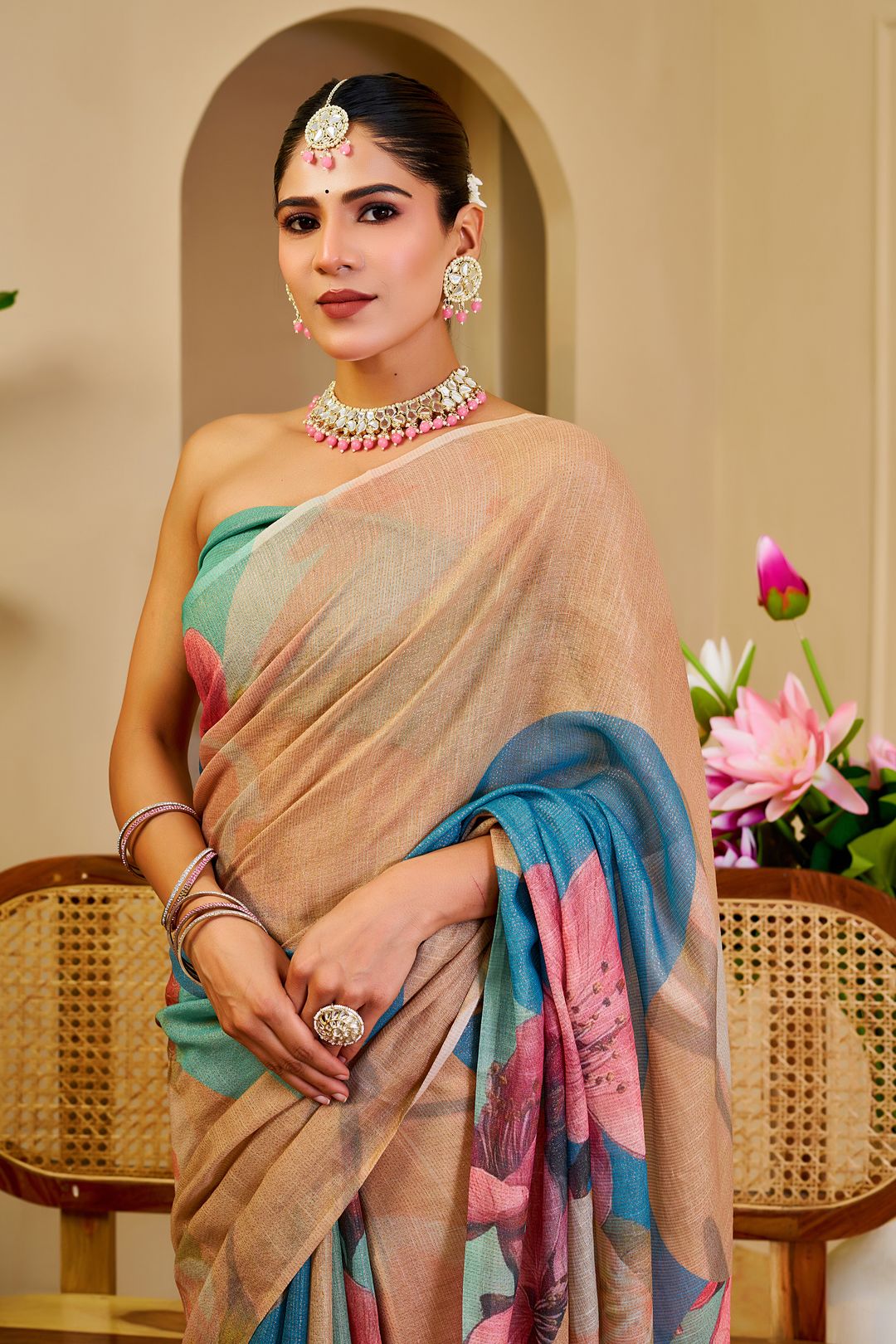 Cream Tissue Cotton Saree with Blue Floral Digital Print