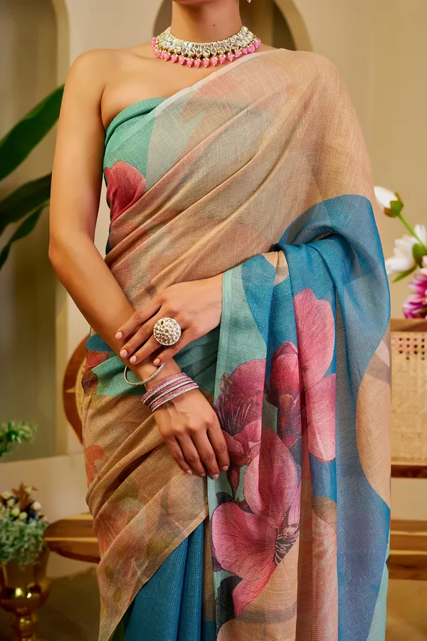 Cream Tissue Cotton Saree with Blue Floral Digital Print