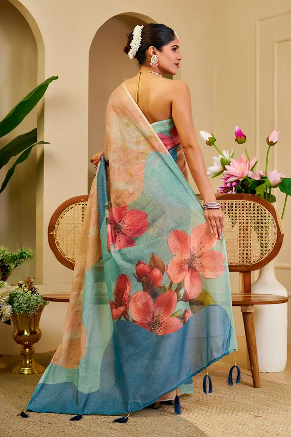 Cream Tissue Cotton Saree with Blue Floral Digital Print