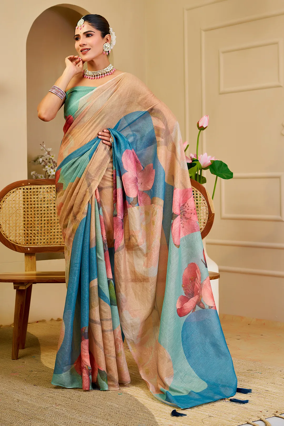 Cream Tissue Cotton Saree with Blue Floral Digital Print