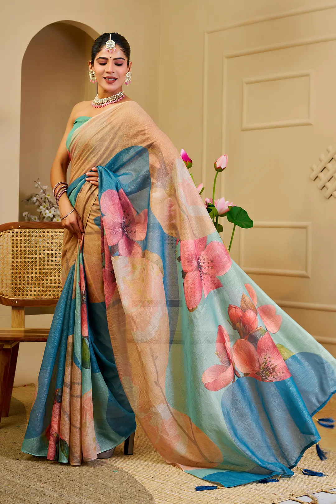 Cream Tissue Cotton Saree with Blue Floral Digital Print