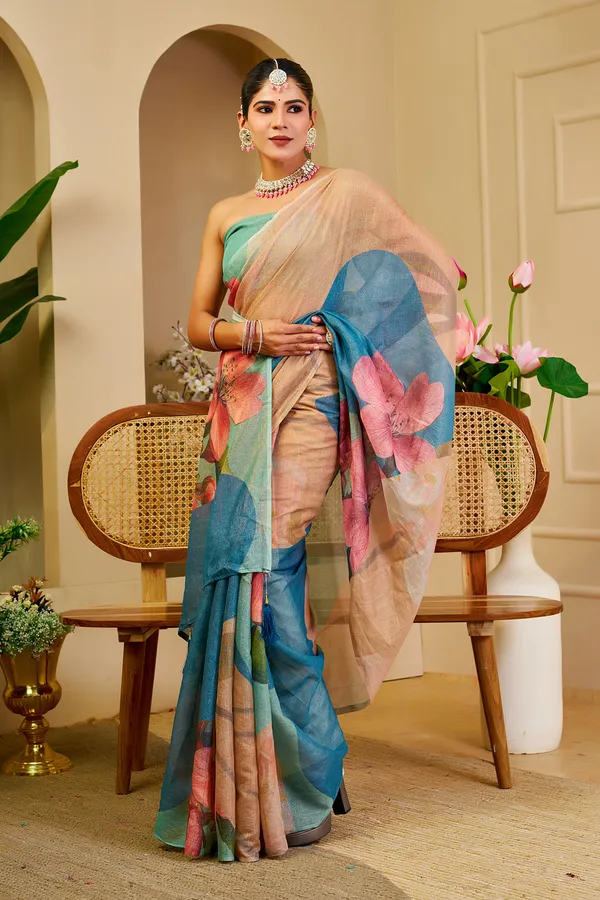 Cream Tissue Cotton Saree with Blue Floral Digital Print