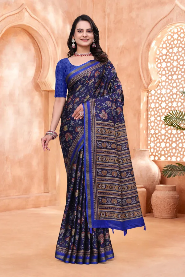 Navy Blue Mal Cotton Floral Saree With Blouse - VARNAVI