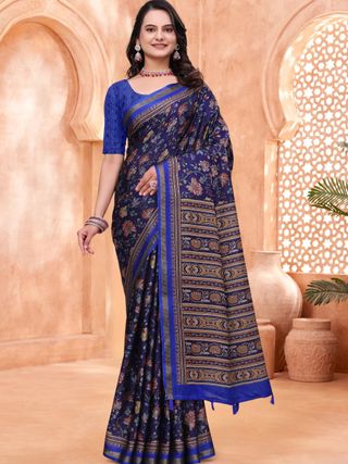 Navy Blue Mal Cotton Floral Saree With Blouse - VARNAVI