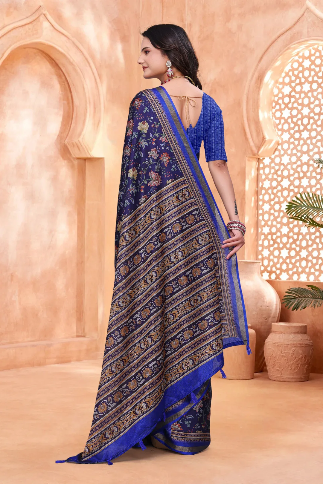 Navy Blue Mal Cotton Floral Saree With Blouse - VARNAVI