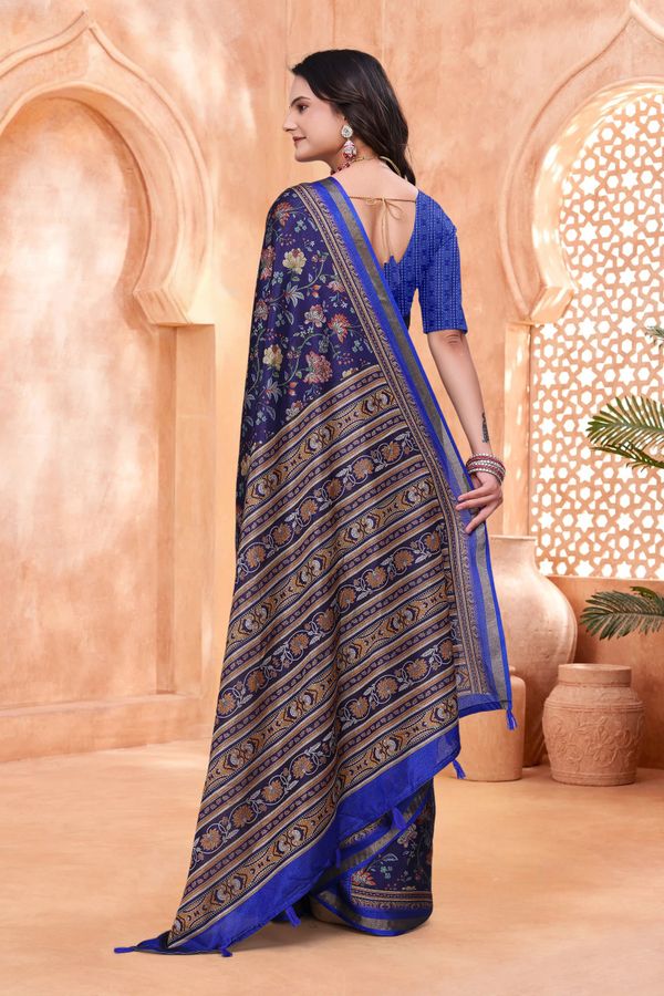 Navy Blue Mal Cotton Floral Saree With Blouse - VARNAVI