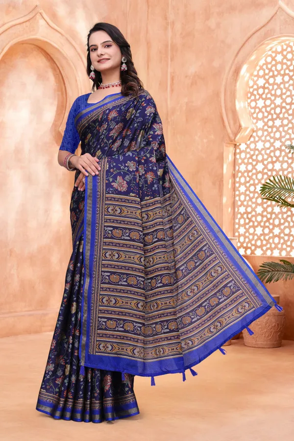 Navy Blue Mal Cotton Floral Saree With Blouse - VARNAVI