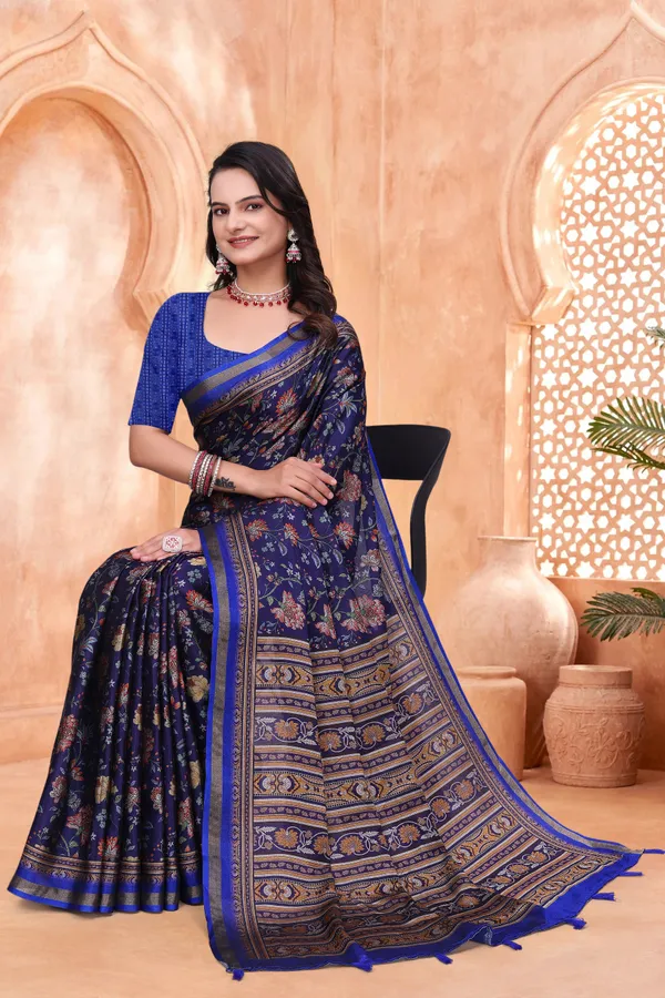 Navy Blue Mal Cotton Floral Saree With Blouse - VARNAVI
