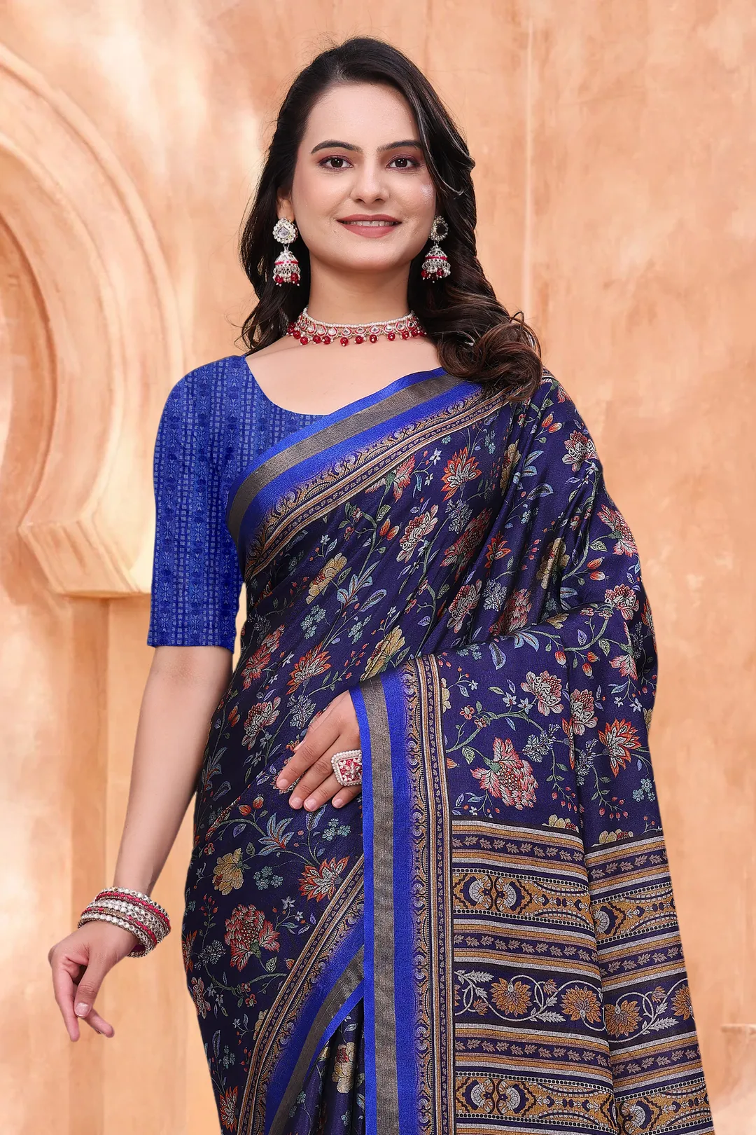 Navy Blue Mal Cotton Floral Saree With Blouse - VARNAVI