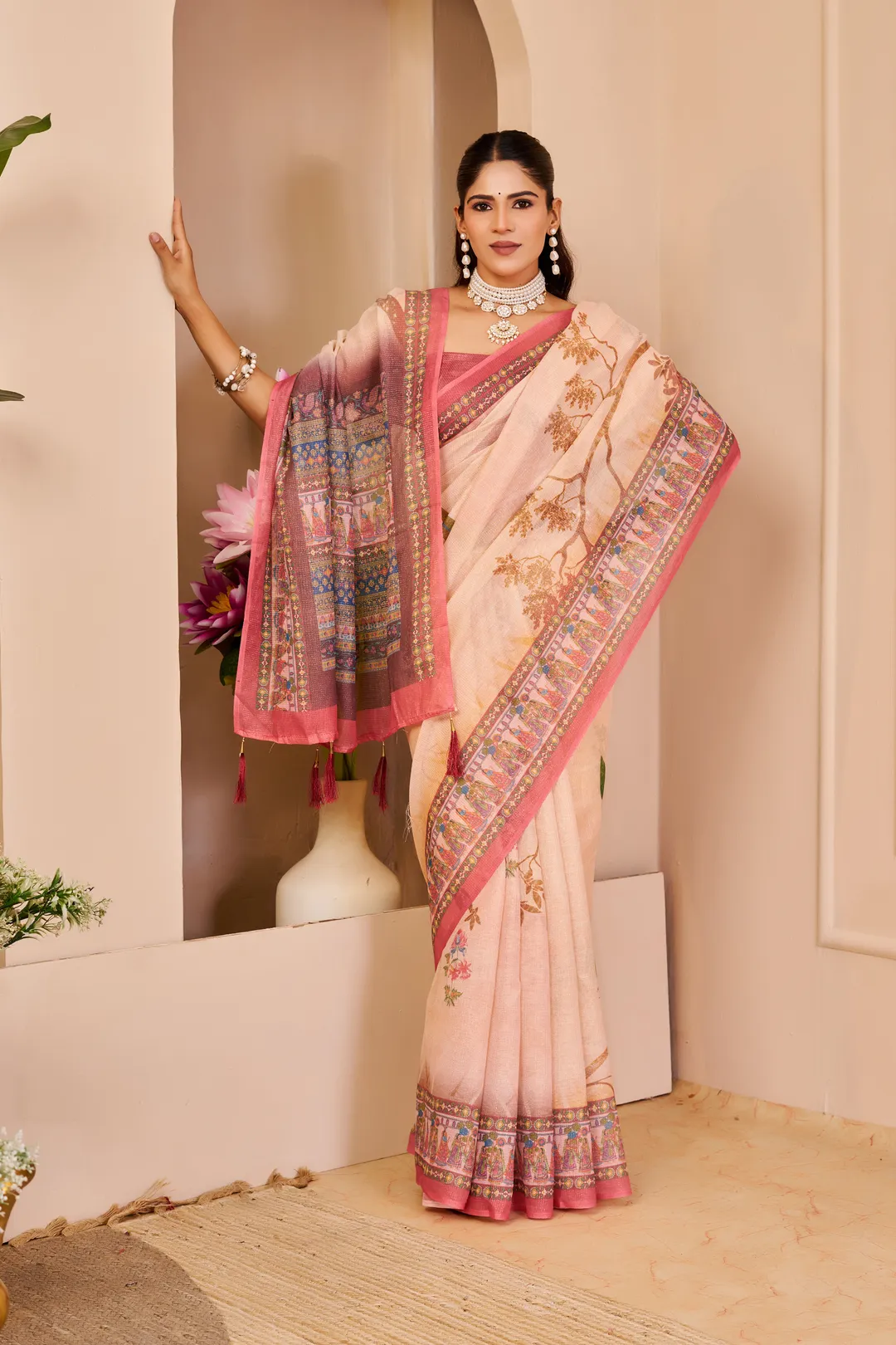 Peach Tissue Cotton Saree with Floral Print and Pink Border