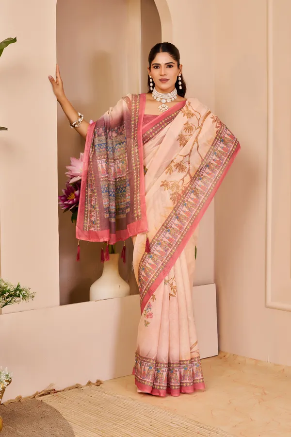 Peach Tissue Cotton Saree with Floral Print and Pink Border