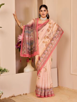 Peach Tissue Cotton Saree with Floral Print and Pink Border