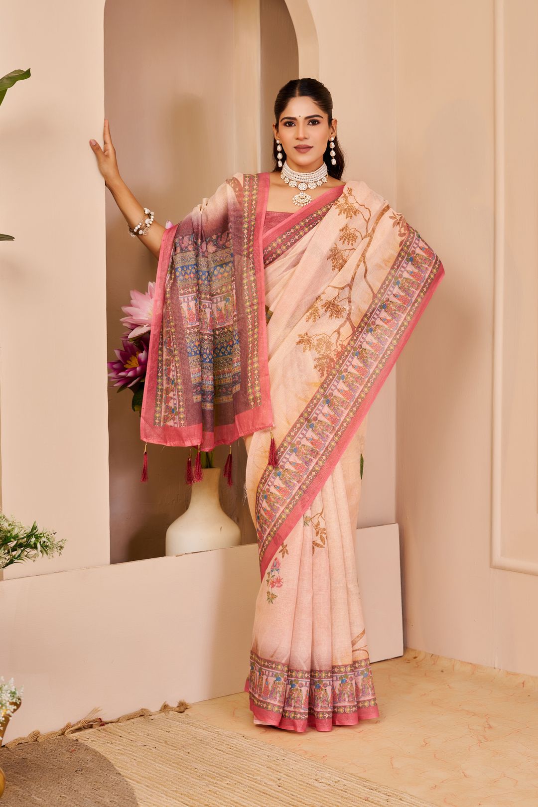 Peach Tissue Cotton Saree with Floral Print and Pink Border