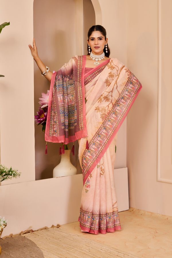 Peach Tissue Cotton Saree with Floral Print and Pink Border