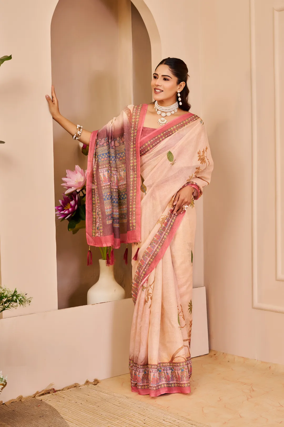 Peach Tissue Cotton Saree with Floral Print and Pink Border