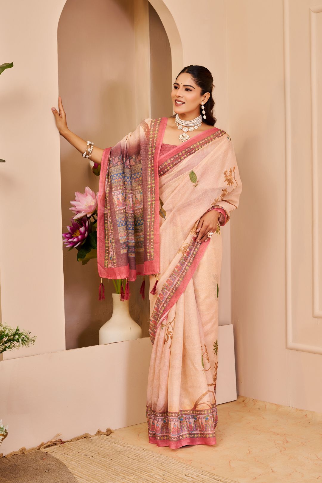 Peach Tissue Cotton Saree with Floral Print and Pink Border