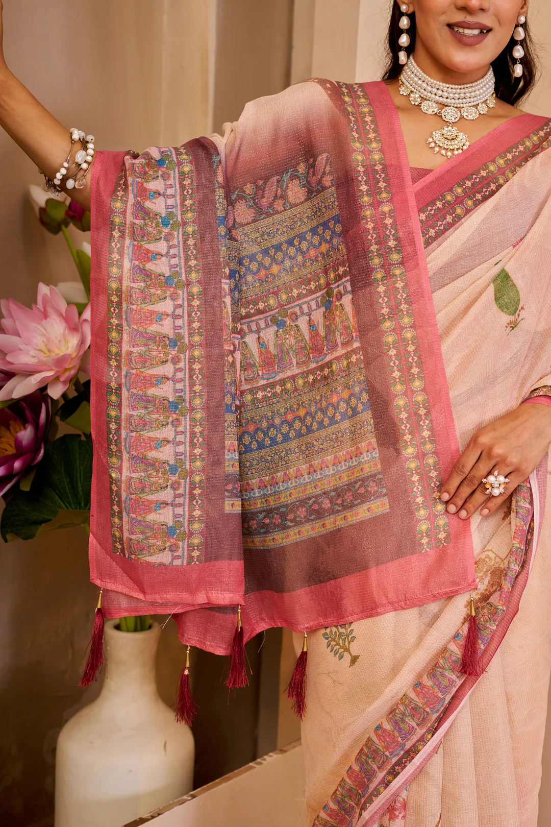 Peach Tissue Cotton Saree with Floral Print and Pink Border