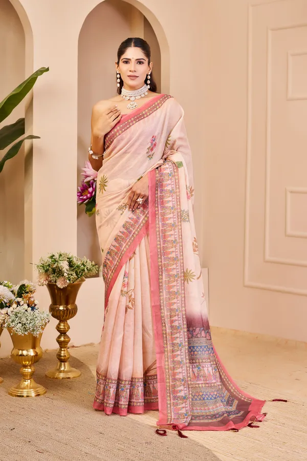 Peach Tissue Cotton Saree with Floral Print and Pink Border