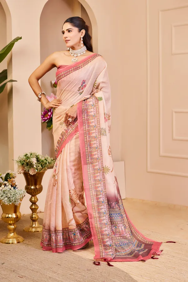 Peach Tissue Cotton Saree with Floral Print and Pink Border