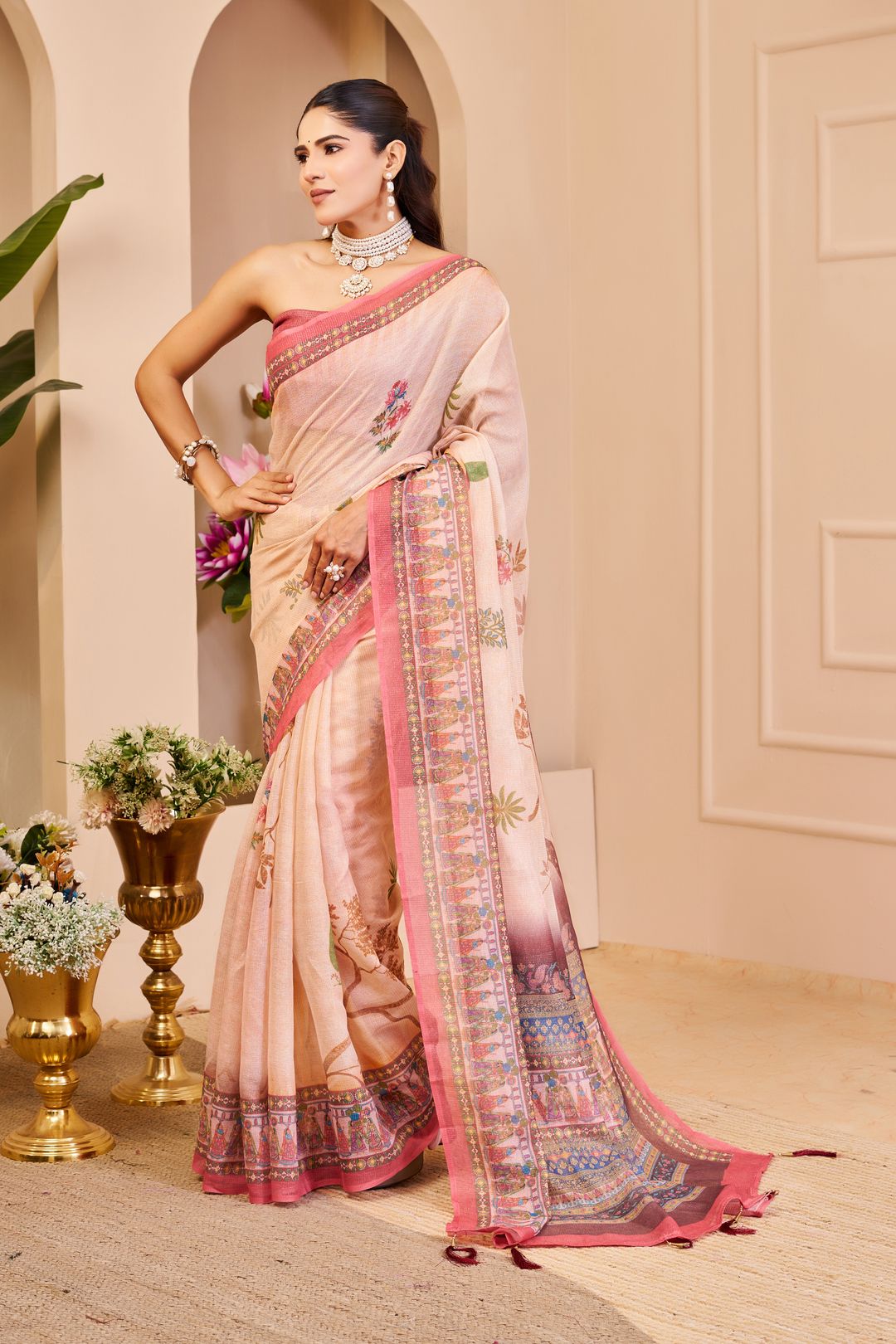 Peach Tissue Cotton Saree with Floral Print and Pink Border