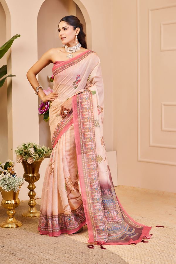 Peach Tissue Cotton Saree with Floral Print and Pink Border