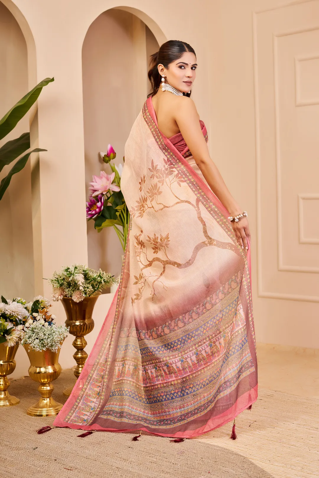 Peach Tissue Cotton Saree with Floral Print and Pink Border
