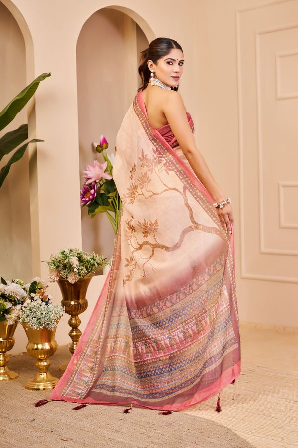 Peach Tissue Cotton Saree with Floral Print and Pink Border
